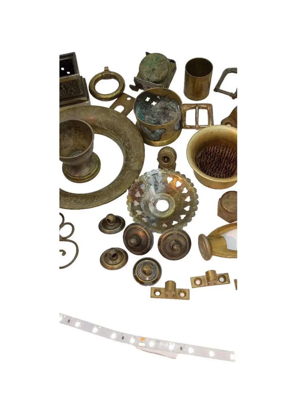 Lot Of Vintage Brass Hardware, Lamp Tops, Drawer Pulls, Bell, Buckles And More